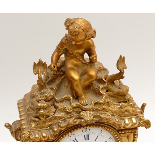 357 - A French 19th century ormolu and porcelain panel mantel clock, the white enamel dial with blue Roman... 