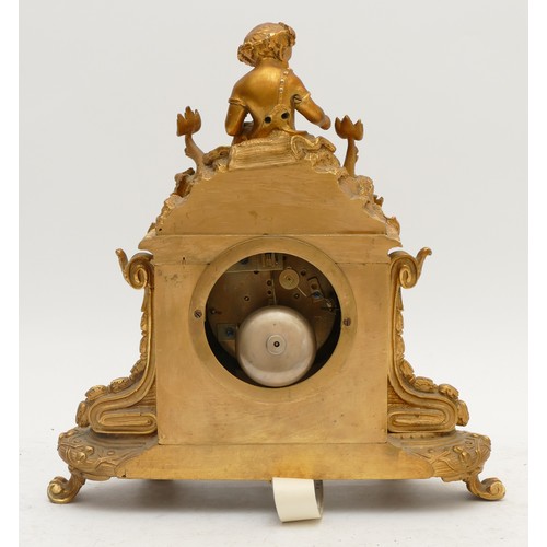 357 - A French 19th century ormolu and porcelain panel mantel clock, the white enamel dial with blue Roman... 