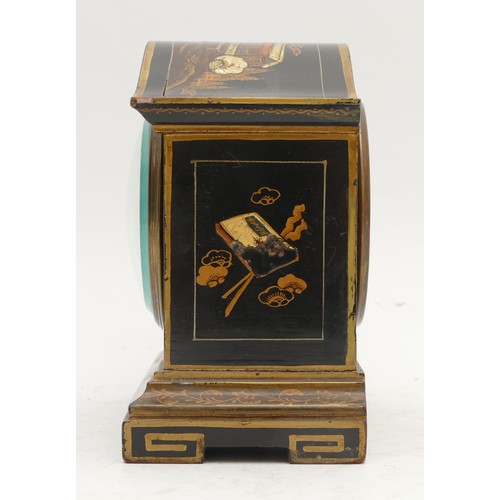 360 - Buren, an early 20th century Chinoiserie mantel time piece, the Japanned case decorated with Orienta... 