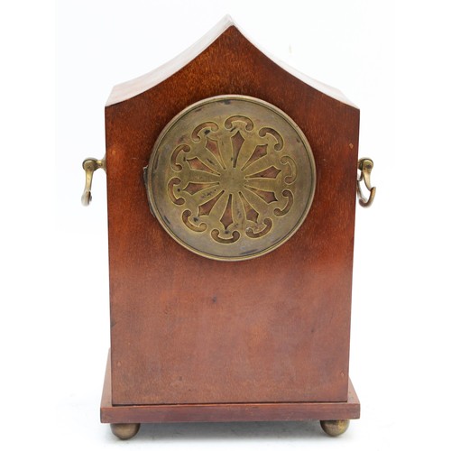 361 - An Edwardian mahogany and boxwood inlaid mantel clock, white enamel dial with Roman numerals, unsign... 