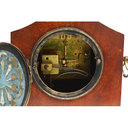 361 - An Edwardian mahogany and boxwood inlaid mantel clock, white enamel dial with Roman numerals, unsign... 