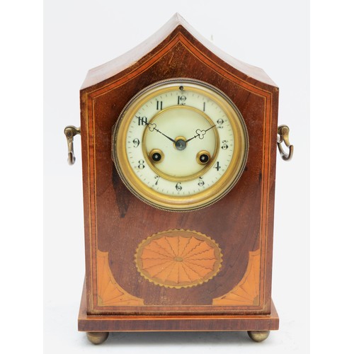 361 - An Edwardian mahogany and boxwood inlaid mantel clock, white enamel dial with Roman numerals, unsign... 