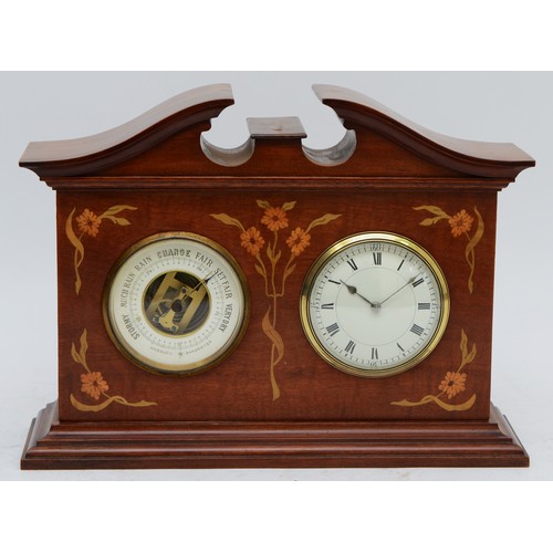 363 - An Edwardian mahogany and boxwood inlaid mantel clock with aneroid barometer, inset with stained flo... 