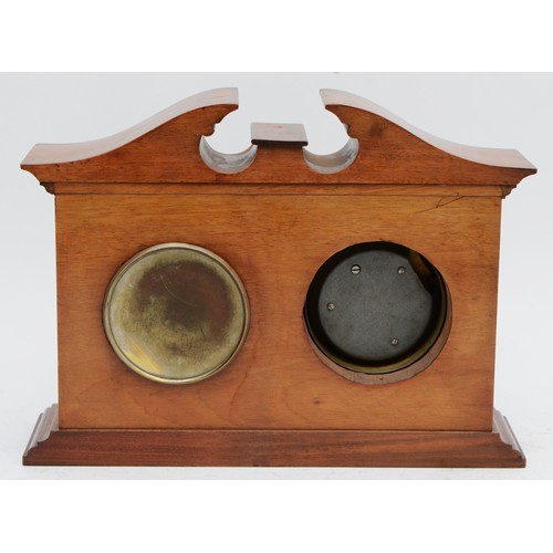 363 - An Edwardian mahogany and boxwood inlaid mantel clock with aneroid barometer, inset with stained flo... 