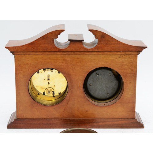 363 - An Edwardian mahogany and boxwood inlaid mantel clock with aneroid barometer, inset with stained flo... 