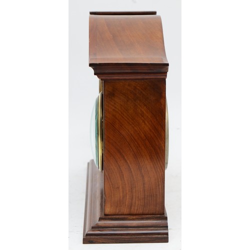 363 - An Edwardian mahogany and boxwood inlaid mantel clock with aneroid barometer, inset with stained flo... 