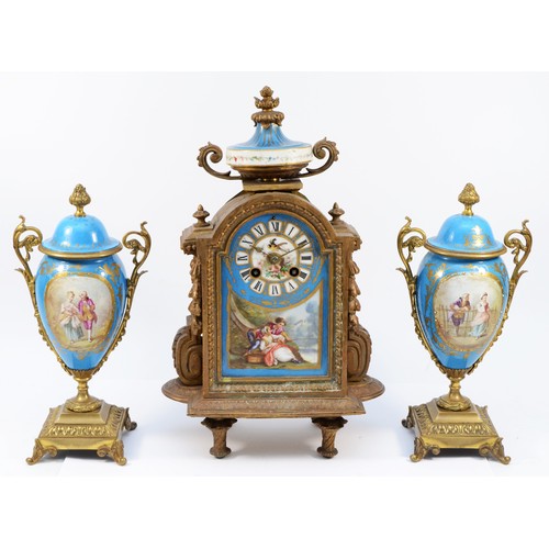 364 - A French late 19th century ormolu and porcelain mounted mantel clock, the front panel decorated with... 