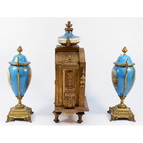 364 - A French late 19th century ormolu and porcelain mounted mantel clock, the front panel decorated with... 