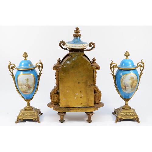 364 - A French late 19th century ormolu and porcelain mounted mantel clock, the front panel decorated with... 