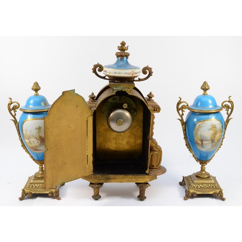 364 - A French late 19th century ormolu and porcelain mounted mantel clock, the front panel decorated with... 