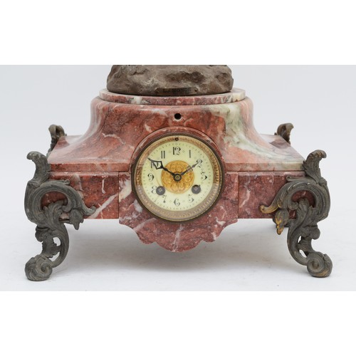 367 - A late 19th century French figural mantel clock, the dial set in a rose mottled marble body, raised ... 