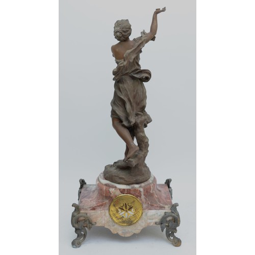 367 - A late 19th century French figural mantel clock, the dial set in a rose mottled marble body, raised ... 