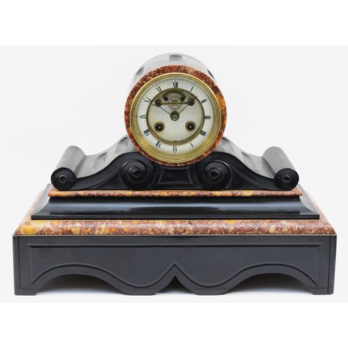 368 - A late 19th century French black slate and variegated marble drum mantel clock, the dial with visibl... 