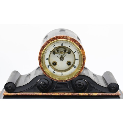 368 - A late 19th century French black slate and variegated marble drum mantel clock, the dial with visibl... 