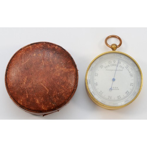 375 - A pocket aneroid barometer by Ross, London, compensated for temperature, 4.5cms diameter, leather ca... 