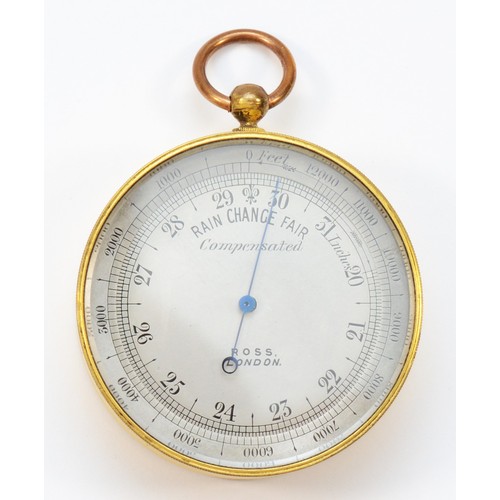 375 - A pocket aneroid barometer by Ross, London, compensated for temperature, 4.5cms diameter, leather ca... 