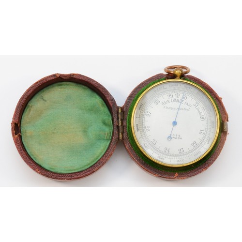 375 - A pocket aneroid barometer by Ross, London, compensated for temperature, 4.5cms diameter, leather ca... 