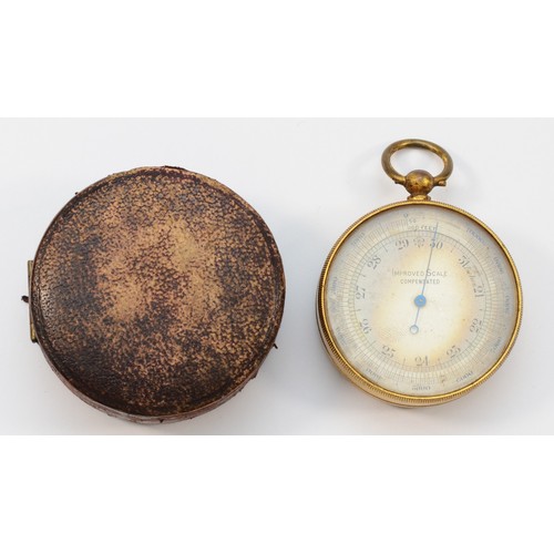 376 - A pocket aneroid barometer, Improved Scale, 4.5cms diameter, leather case