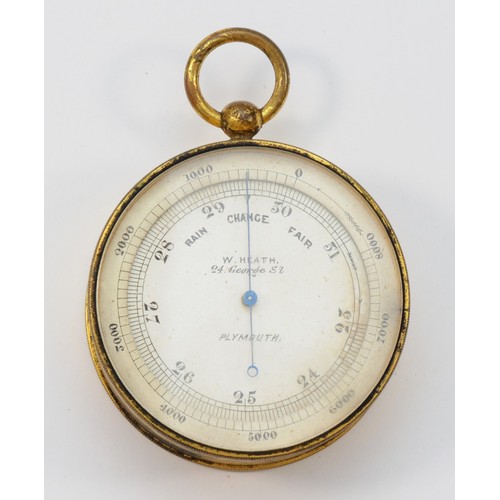 377 - A pocket aneroid barometer by W. Heath, Plymouth, 4.5cms diameter.