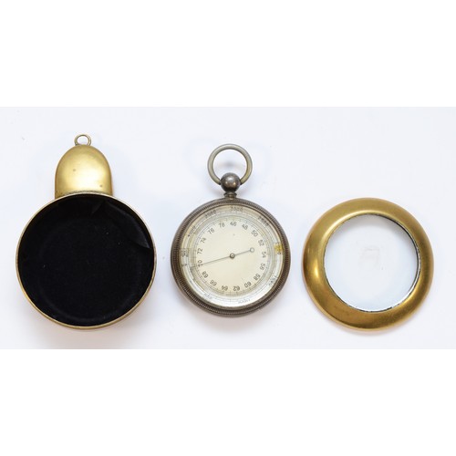 379 - A pocket aneroid barometer, nickel case, 46 - 78 scale, 52mm, contained in a brass miners case,