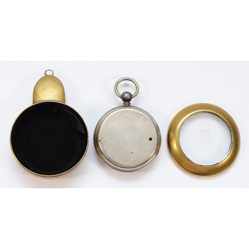 379 - A pocket aneroid barometer, nickel case, 46 - 78 scale, 52mm, contained in a brass miners case,