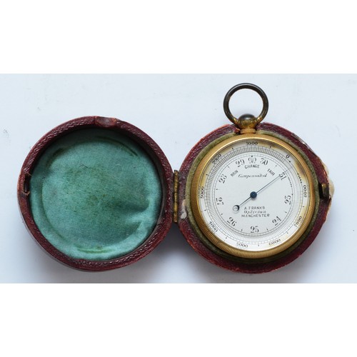 380 - A pocket aneroid barometer by A. Franks, Optician, Manchester, compensated for temperature, monogram... 