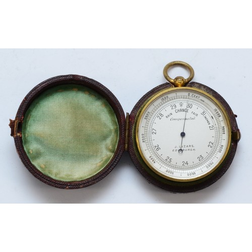 381 - A pocket aneroid barometer by J. Lizars, Edinburgh, compensated for temperature, 5cms diameter, leat... 