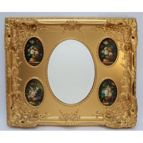 384 - A gilt wall mirror, with central oval bevelled panel surrounded by four oval painted floral still li... 