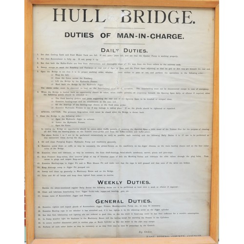 393 - Hull Bridge, Duties of the Man-in-Charge, poster by Order of East Riding County Council, 48 x 36cm, ... 