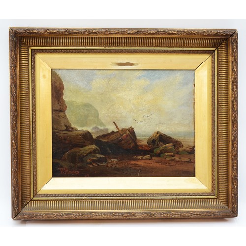 394 - In the style of John Moore of Ipswich, ship wreck on a beach, oil on board, bears a signature, 22 x ... 