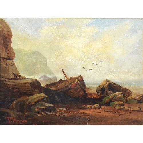 394 - In the style of John Moore of Ipswich, ship wreck on a beach, oil on board, bears a signature, 22 x ... 