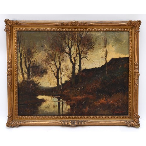 395 - Sinclair, river in woods, oil on board, signed, 34 x 44cm, gilt frame.