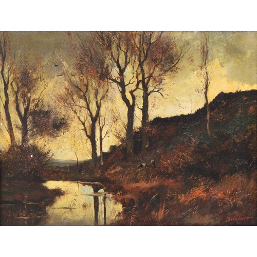 395 - Sinclair, river in woods, oil on board, signed, 34 x 44cm, gilt frame.