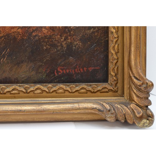 395 - Sinclair, river in woods, oil on board, signed, 34 x 44cm, gilt frame.