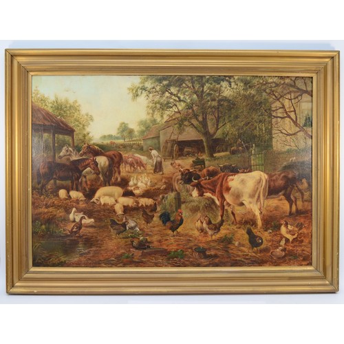 396 - W.J. Crompton, 19th century oleograph, a large farm yard scene with a multitude of animals, signed, ... 