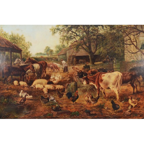 396 - W.J. Crompton, 19th century oleograph, a large farm yard scene with a multitude of animals, signed, ... 