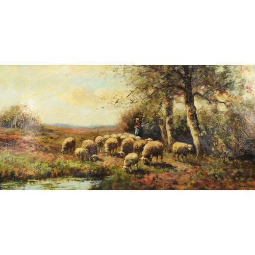 400 - Piet van den Bergh (Dutch 1865- 1950), shepherdess with her flock, oil on canvas signed, 39 x 79cm.
... 