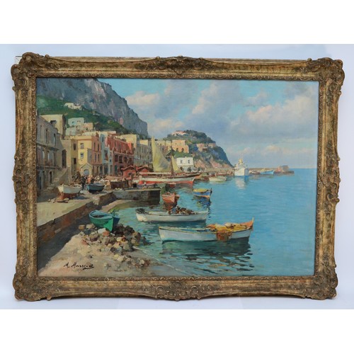 401 - Mario Maresca (Italian, 1877-1959), Capri Harbour, oil on board, signed, 69 x 97cm, gilt frame