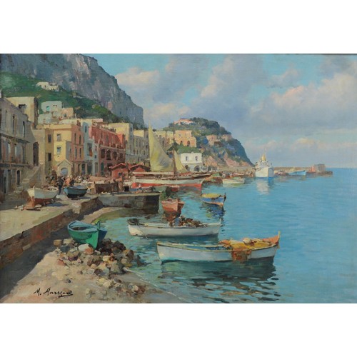 401 - Mario Maresca (Italian, 1877-1959), Capri Harbour, oil on board, signed, 69 x 97cm, gilt frame