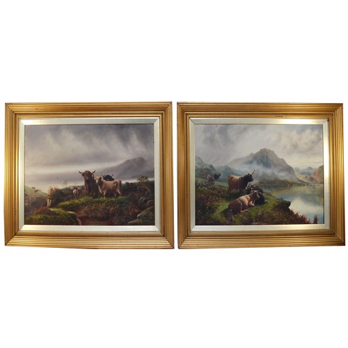 402 - William James Smith Crampton (1855 - 1935), Highland cattle, a pair, oil on canvas, signed, 49 x 75c... 