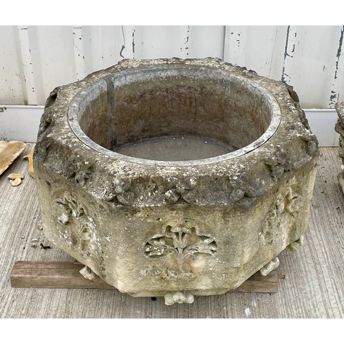 413 - An early 20th century Arts & Crafts sandstone font, with lead liner, 78 x 45cm, section detached.