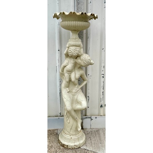 420 - A cast iron garden centrepiece, with an urn being supported by a mother and boy, 156cm