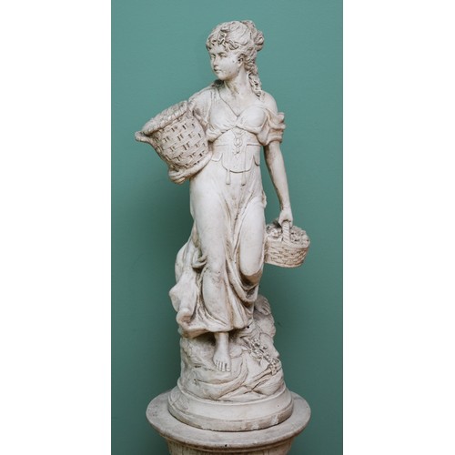 428 - A reconstituted stone statue of a lady carrying two baskets, raised on pedestal base, 120cm