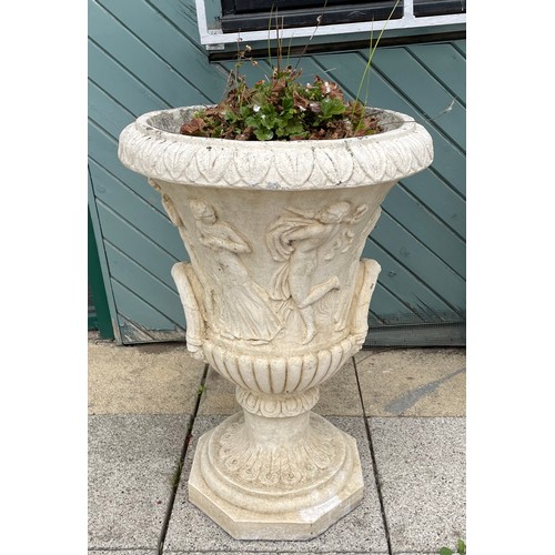 429 - A large pair of reconstituted stone two handle campana urns, decorated with men and woman, 82cm