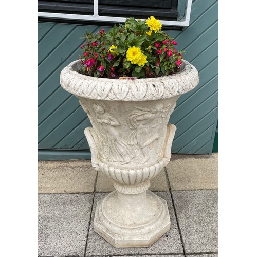 429 - A large pair of reconstituted stone two handle campana urns, decorated with men and woman, 82cm