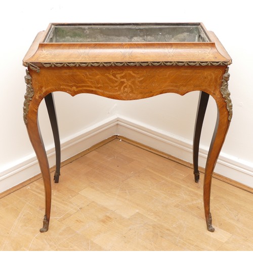 436 - A French 19th century mahogany, burr walnut and boxwood jardinière side table, with lift off cover r... 