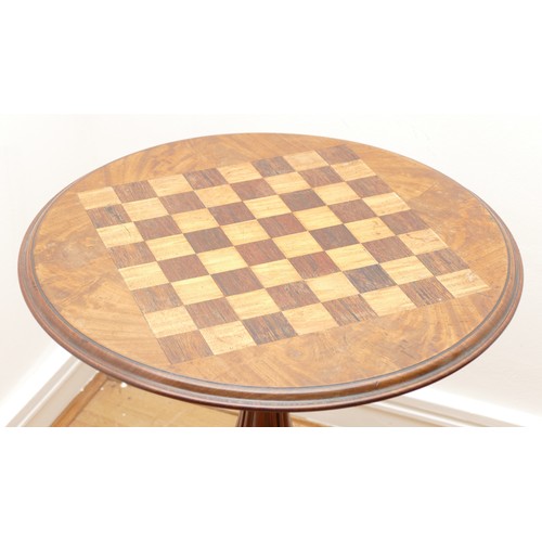 437 - A Victorian mahogany chess board occasional table, raised on a carved pedestal foot, 51 x 67cm