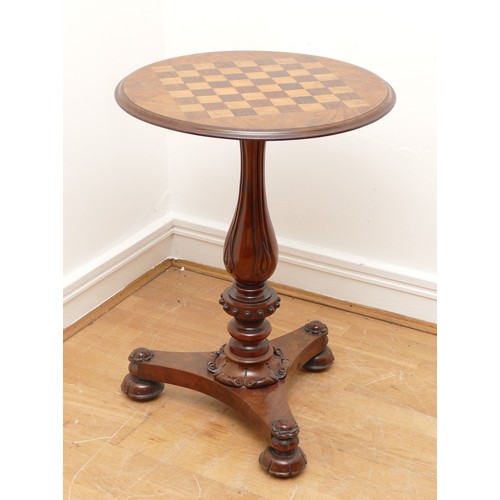 437 - A Victorian mahogany chess board occasional table, raised on a carved pedestal foot, 51 x 67cm