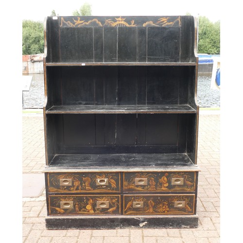 438 - An early 20th century black and gilt Japanned open bookcase, decorated with Chinoiserie figures with... 