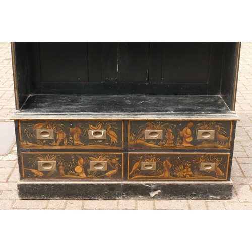 438 - An early 20th century black and gilt Japanned open bookcase, decorated with Chinoiserie figures with... 